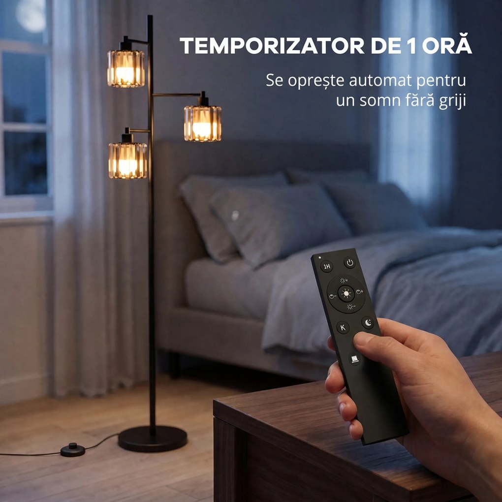 HOMCOM Lampă de Podea 40W, 3 Becuri LED E27, Telecomandă Magnetică, Dimabilă, 3 Temperaturii de Culoare, Negru | Aosom Romania