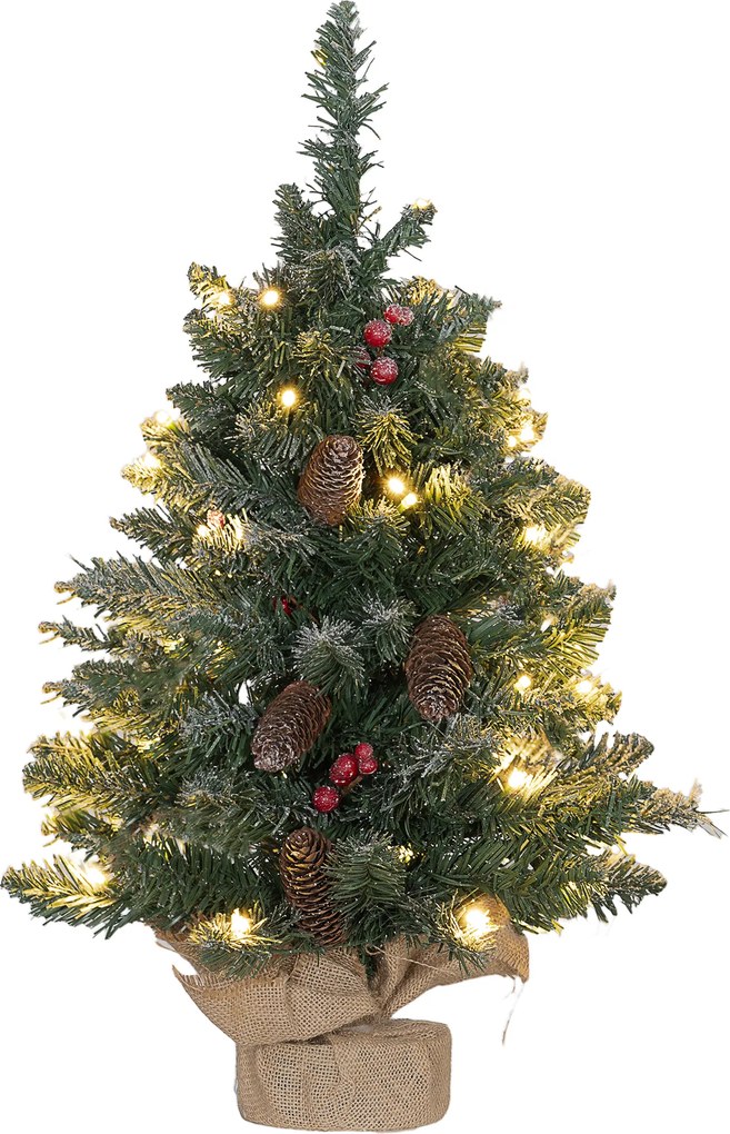 HOMCOM Mini brad de Crăciun 60 cm cu lumini integrate, 86 ramuri, conuri de pin, bobițe roșii, bază din ciment, verde | Aosom Romania