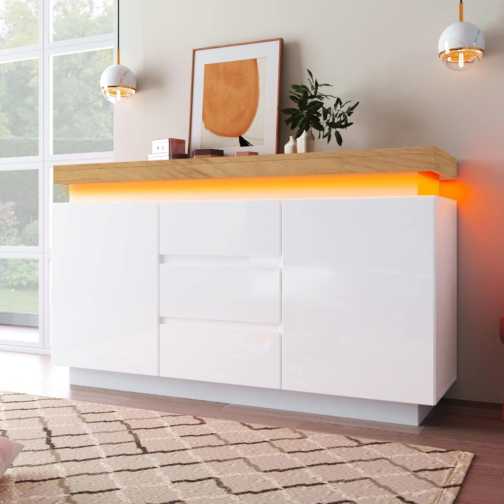 Comodă sideboard cu 2 uși și 3 sertare, iluminare LED, 140x39x81 cm, Alb