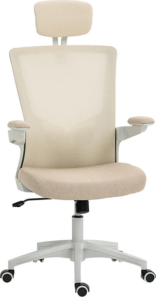 HOMCOM Scaun birou ergonomic, scaun de birou, cotiere rabatabile, suport lombar, tetieră, 60x63x120cm, bej | Aosom Romania