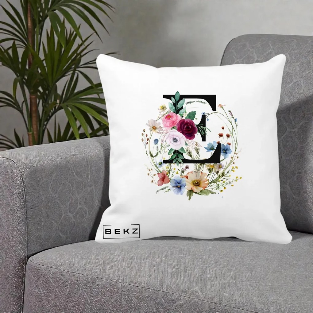Cadou Personalizat - Perna Personalizata Monogram Litera E cu Flori Acuarela, 40x40 cm, Alba Mata, Husa Detasabila, Perna Inclusa, BEKZ®