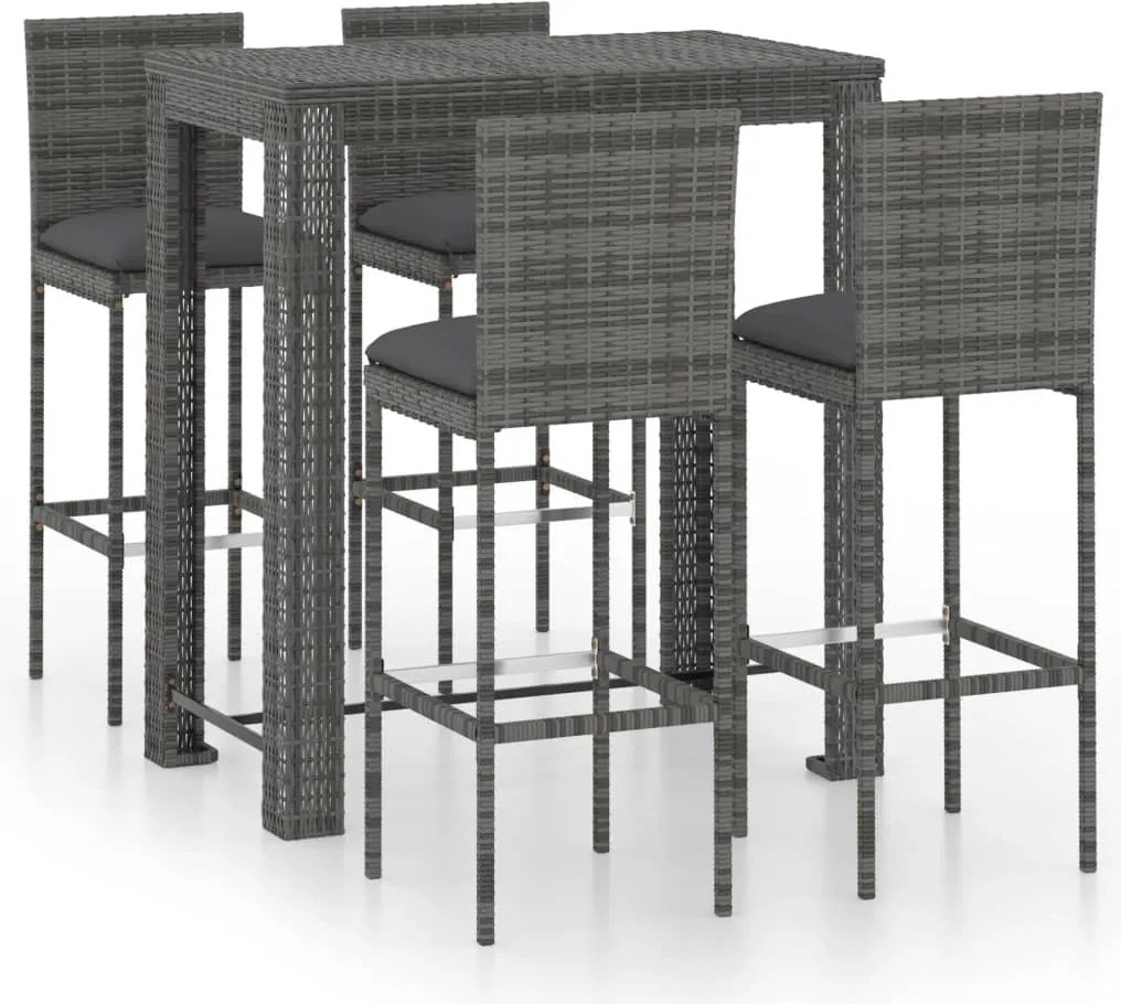 vidaXL Set mobilier bar de grădină cu perne, 5 piese, gri, poliratan