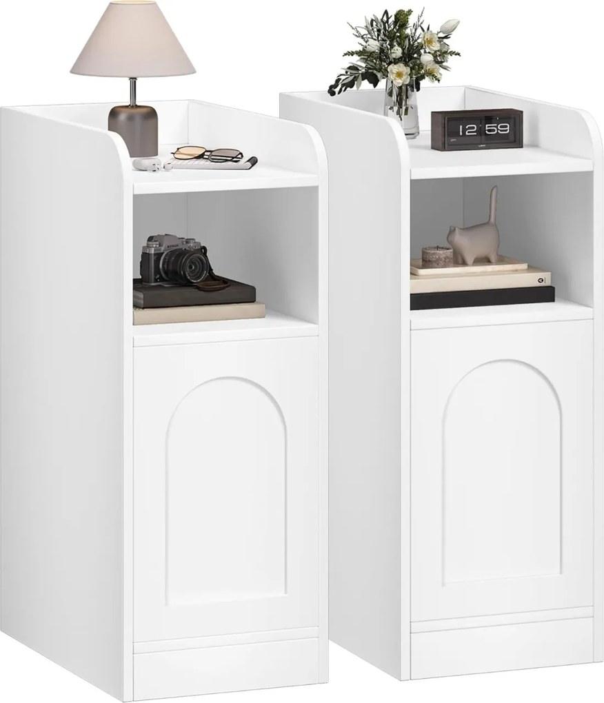 NOA78 - Set 2 Noptiere, 24 cm, foarte inguste, cu Raft si Dulapior - Alb