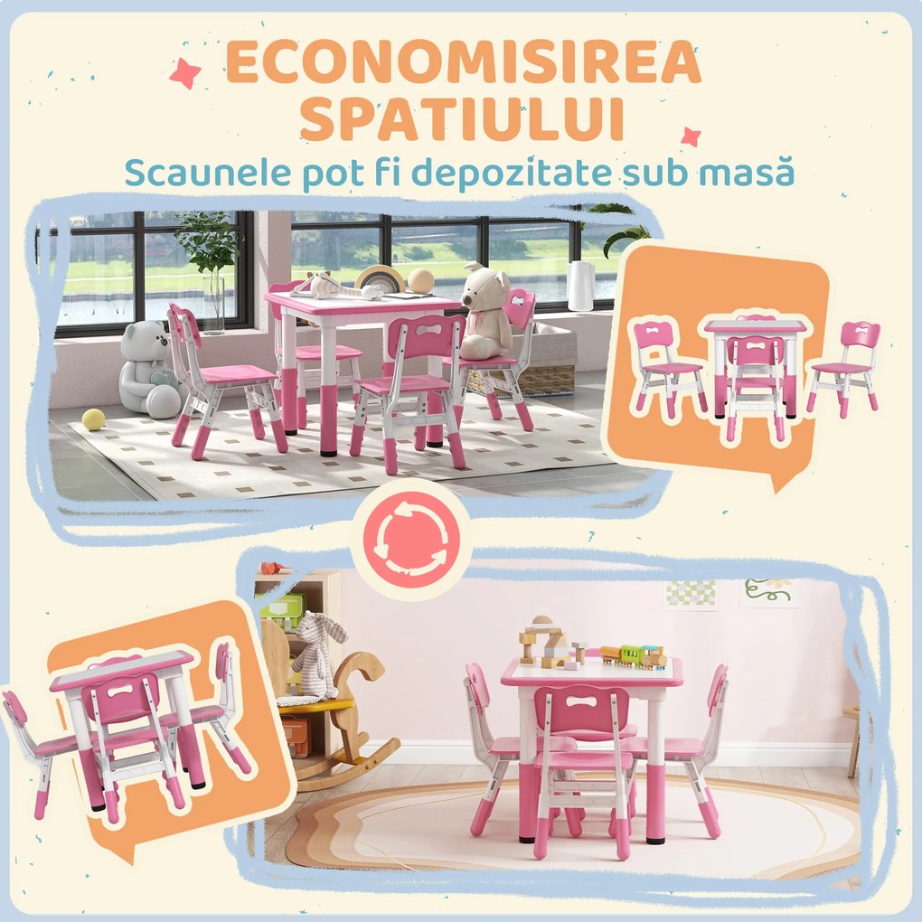 AIYAPLAY Set Masă și Scaune pentru Copii 18-60 Luni cu Înălțime Reglabilă și Tablă de Scris, 60x60x46-58 cm, Roz | Aosom Romania