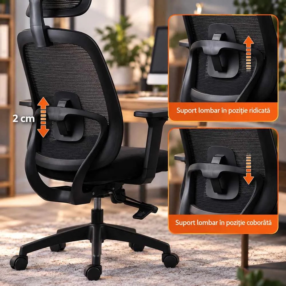 Scaun de birou ergonomic din mesh cu brațe 3D și spătar rabatabil OFF 404 negru