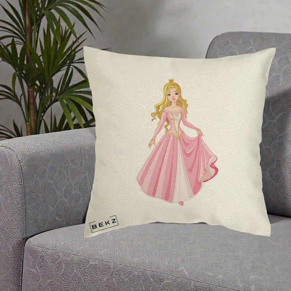 Perna Decorativa Printesa Aurora Rochie Roz, 40x40 cm, Ecru, Husa Detasabila, Perna Inclusa, BEKZ®