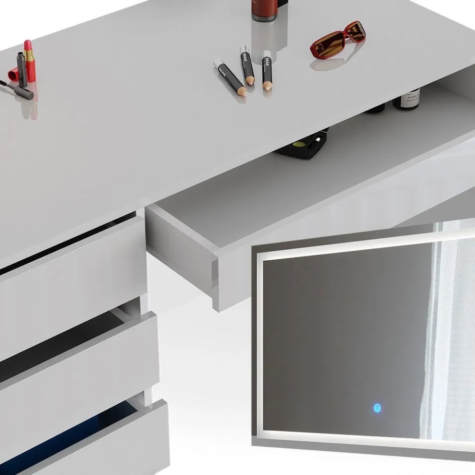 Masuta machiaj cu Oglinda LED si 5 Sertare pentru Cosmetice, Set Masa toaleta 120 cm, Alb Lucios, masuta cosmetica, vanity - SEA902