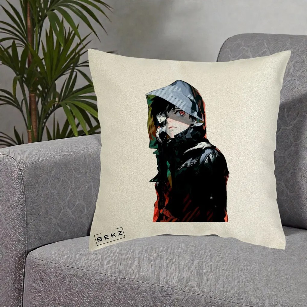 Perna Personalizata Tokyo Ghoul Ken Kaneki cu Masca si Gluga, 40x40 cm, Ecru, Husa Detasabila, Perna Inclusa, BEKZ®