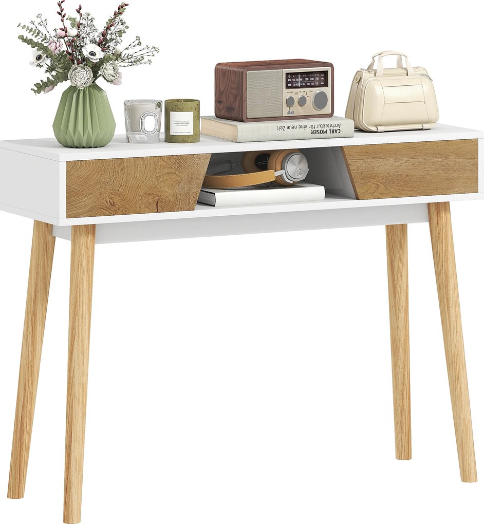 HOMCOM Consolă de intrare cu 2 sertare, compartiment și picioare din lemn pentru hol, intrare, living, alb | Aosom Romania