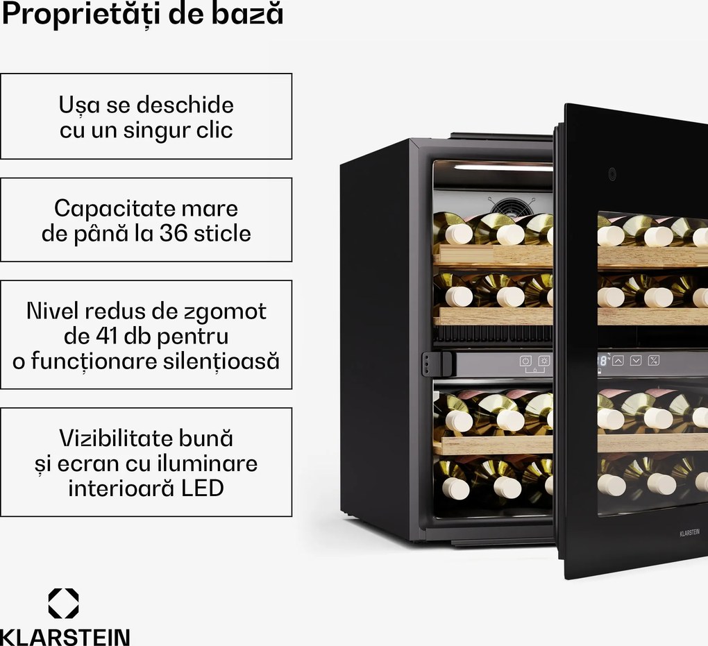 Klarstein Frigider pentru vinuri Rhone 36 Duo, 36 sticle, Control LED, push-to-open, silențios