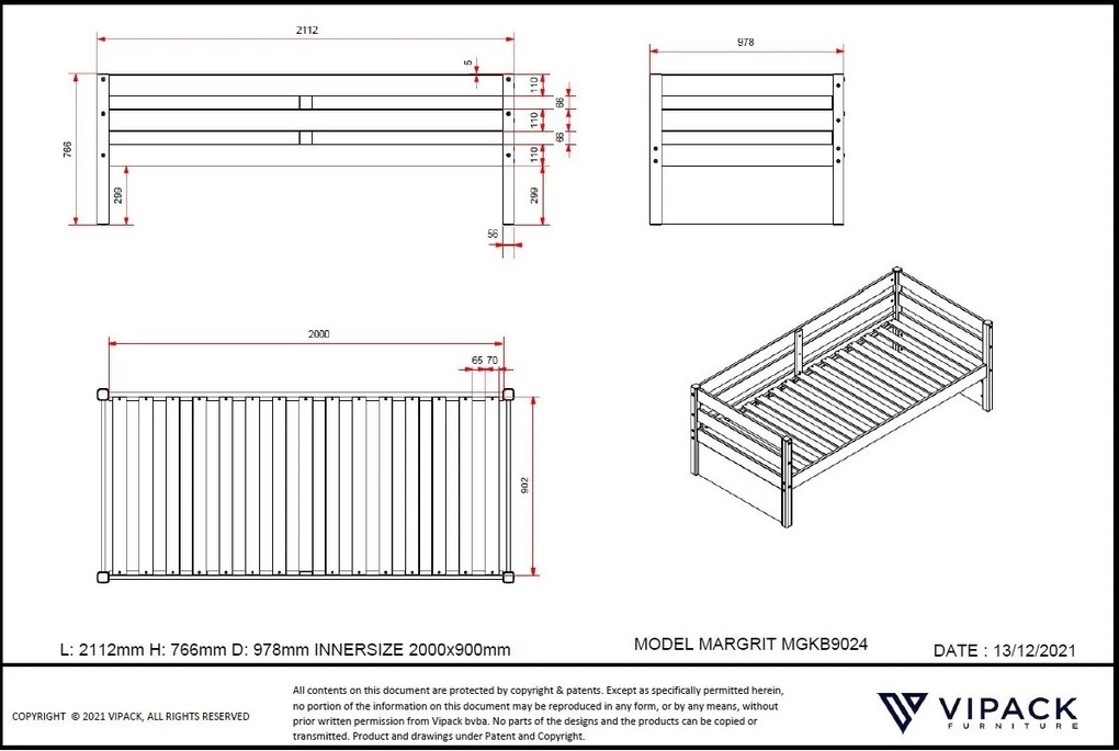 Set MARGRIT format dintr-un Pat copii cabină (90 x 200 cm) și un sertar de Pat copii.