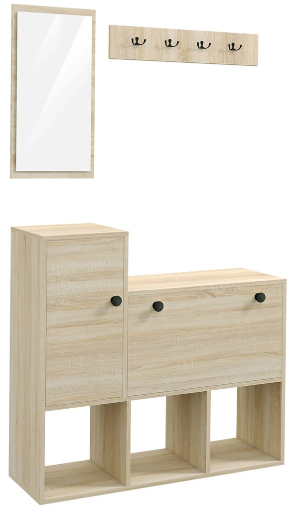 HOMCOM Mobilier pentru Hol cu Depozitare pentru 9 Perechi de Pantofi, Oglindă, Dulap, Rafturi și 4 Cârlige, 90x30x87 cm, Lemn Natural | Aosom Romania