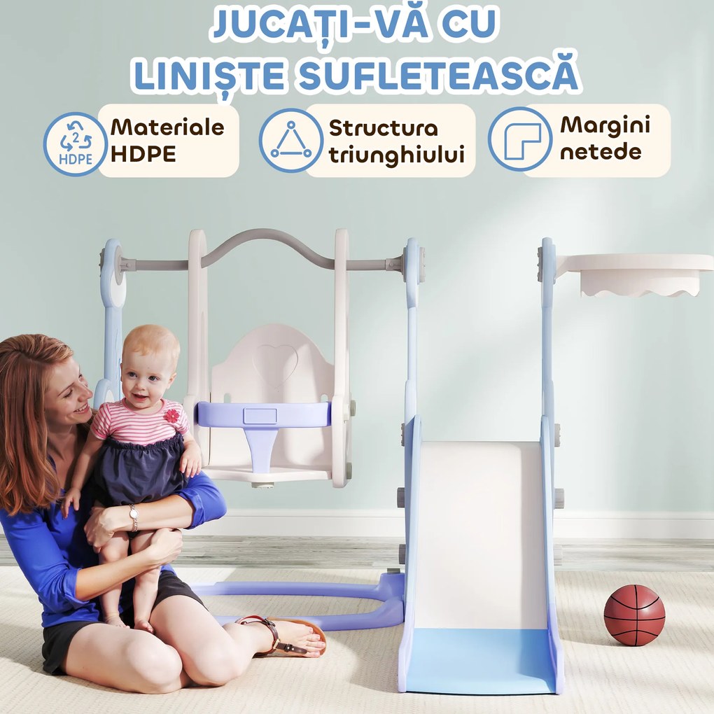 AIYAPLAY Tobogan pentru Copii 4 în 1 cu Scară de Cățărare și Coș de Baschet, 147.5x160x107 cm, Albastru Deschis | Aosom Romania