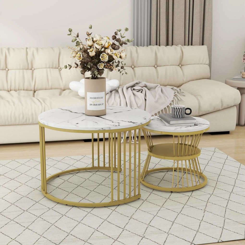 Set de 2 Măsuțe de Cafea Moderne, din MDF cu Finisaj Efect de Marmură și Structură Metalică Aurie, 70x70x47 cm și 45x45x40 cm, Alb