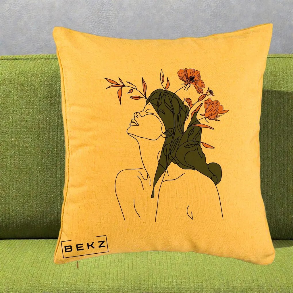 Perna Decorativa Portret Feminin Profil Flori Portocalii, 40x40 cm, Galben, Husa Detasabila, Perna Inclusa, BEKZ®