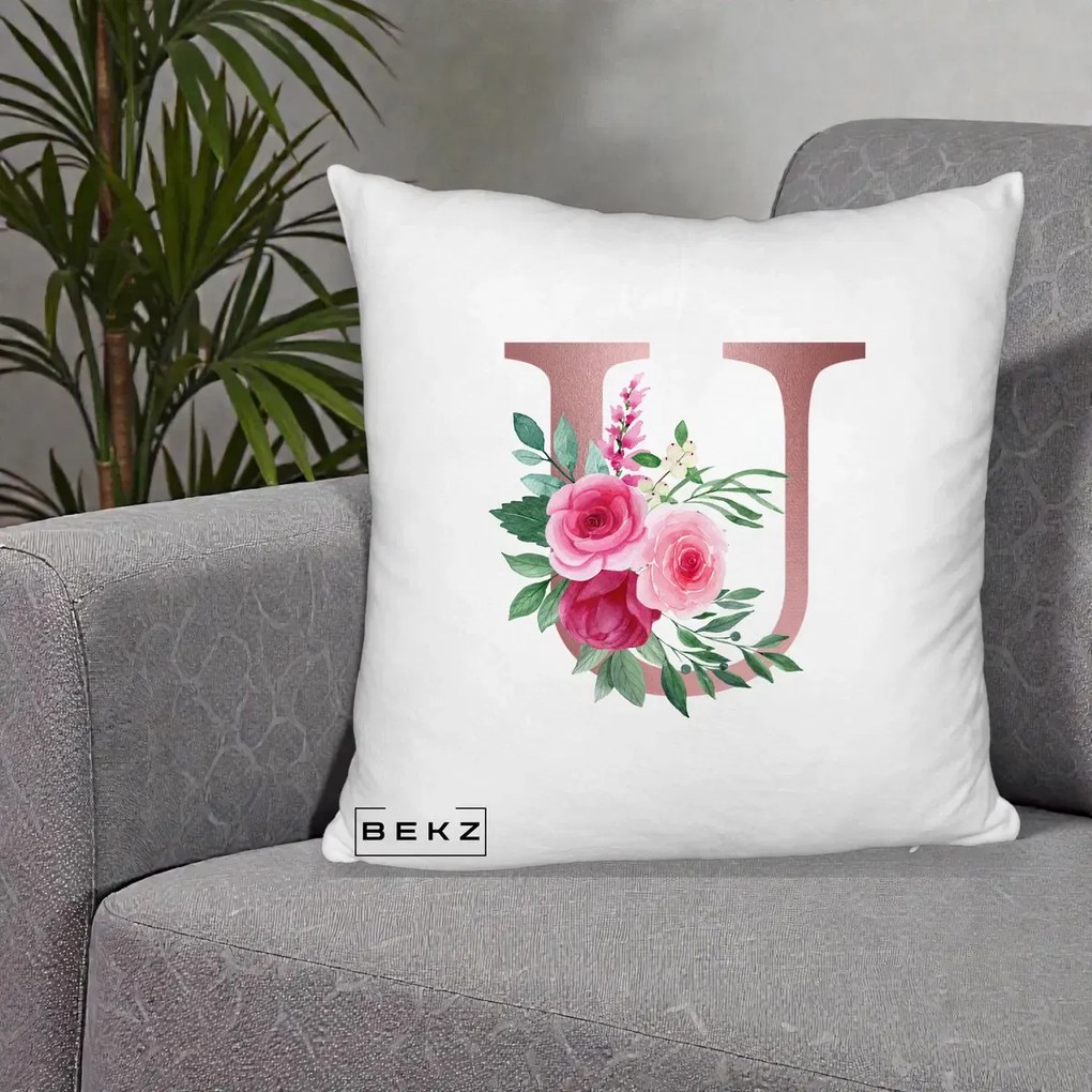 Cadou Personalizat - Perna Personalizata Monograma Rose Gold Litera U, 40x40 cm, Alb Pufos, Husa Detasabila, Perna Inclusa, BEKZ®