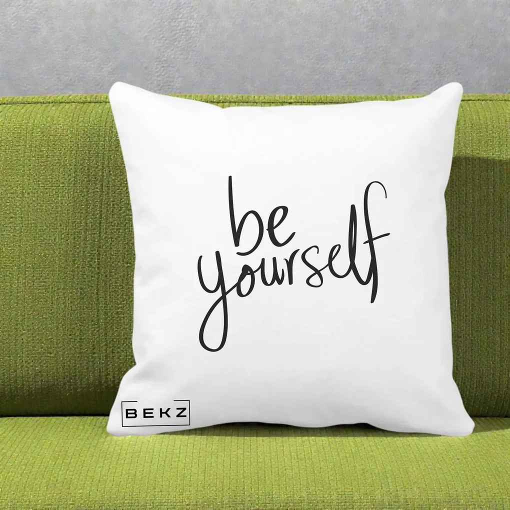 Perna Decorativa Be Yourself Caligrafie Neagra, 40x40 cm, Alba Mata, Husa Detasabila, Perna Inclusa, BEKZ®