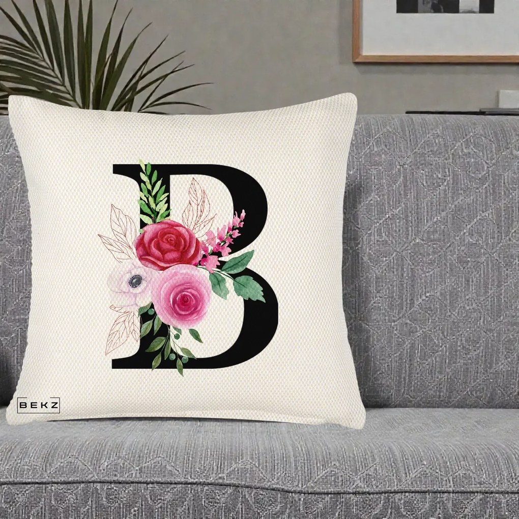 Cadou Personalizat - Perna Personalizata Monograma Florala Litera B, 40x40 cm, Crem Reliefat, Husa Detasabila, Perna Inclusa, BEKZ®