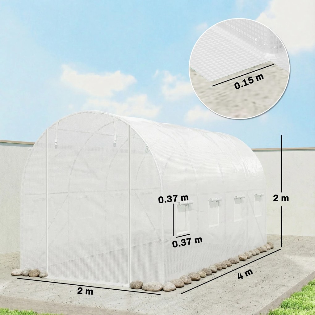 Outsunny Folie pentru seră 4 x 2 m, impermeabilă, învelitoare de grădină cu ușă, 8 ferestre, protecție UV, rezistentă la rupere, polietilenă, albă | Aosom Romania
