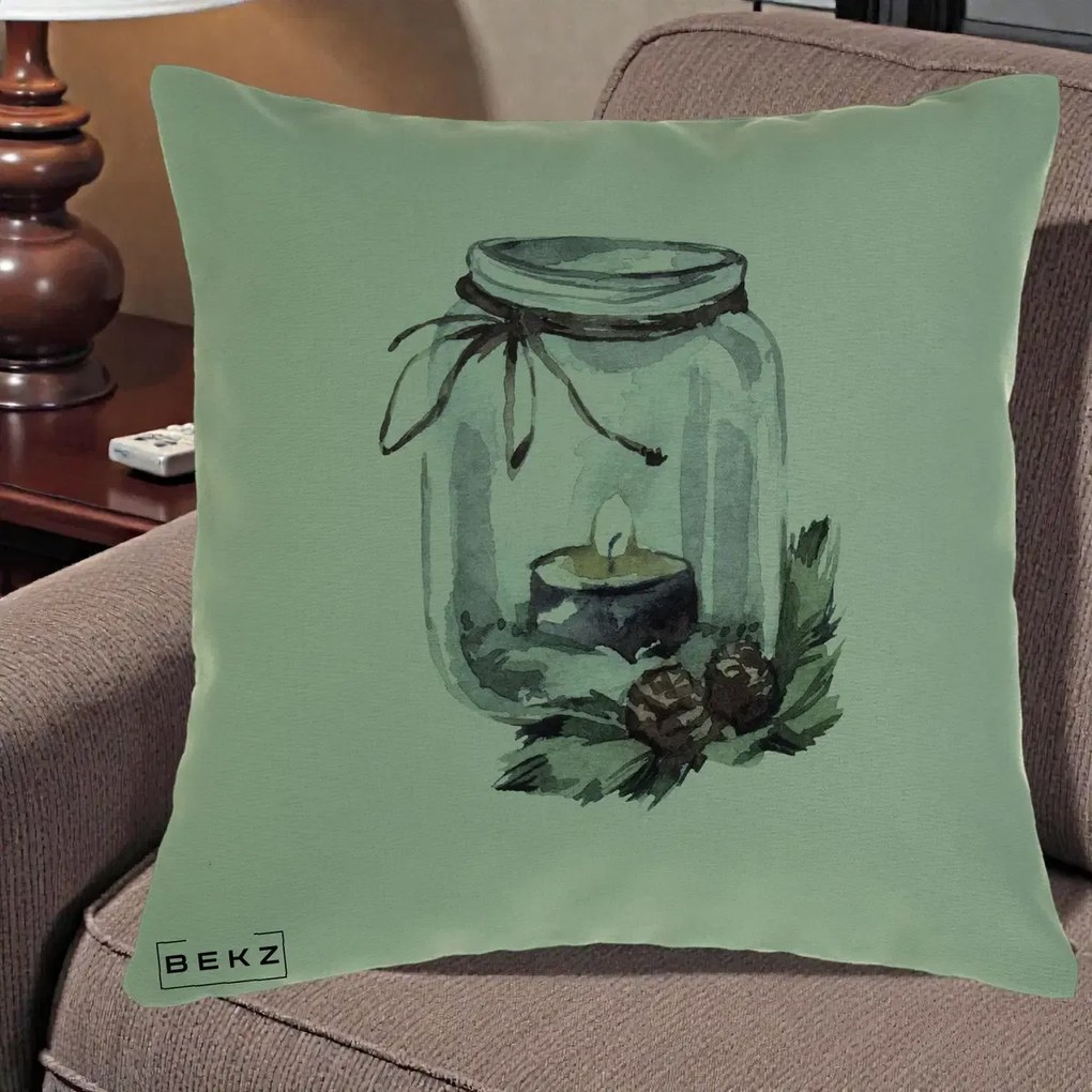 Perna Decorativa Felinar cu Lumanare si Conuri, 40x40 cm, Verde, Husa Detasabila, Perna Inclusa, BEKZ®