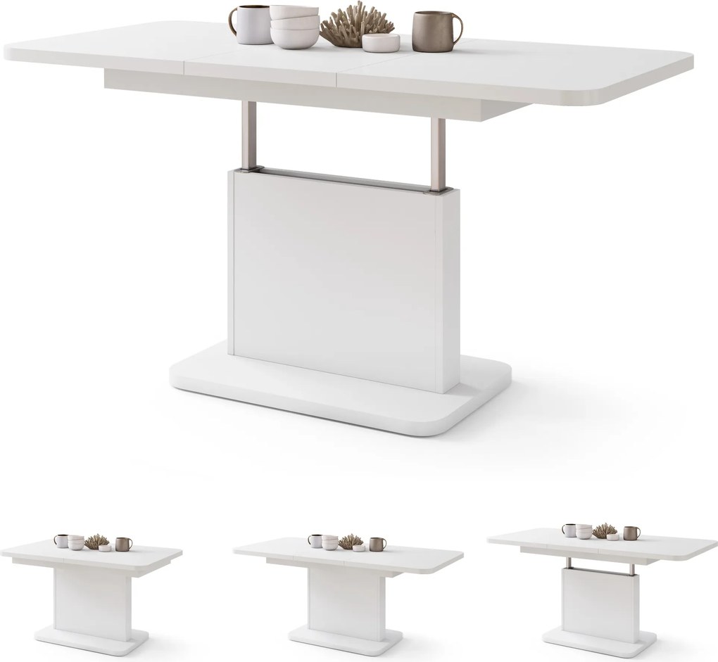 Mazzoni ASTON MINI-Z Alb Mat - MĂSUȚĂ DE CAFEA MODERNĂ EXTENSIBILĂ REGLABILĂ PE ÎNĂLȚIME MASĂ TRANSFORMABILĂ