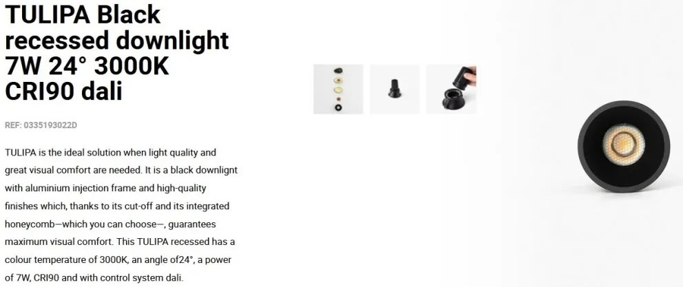 Spot LED incastrabil TULIPA Black recessed downlight 7W 24° 3000K CRI90 dali