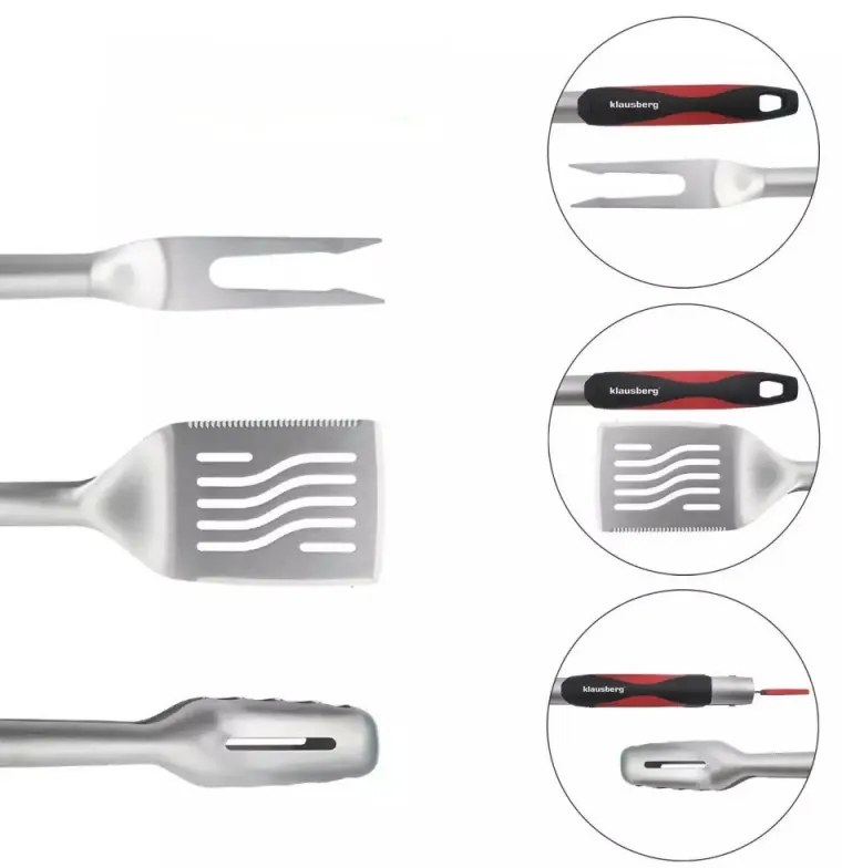 Set 3 ustensile pentru gratar Klausberg BBQ KB 7899, Cleste, Furculita, Spatula, Orificiu de agatat, Otel inoxidabil, Negru/Rosu