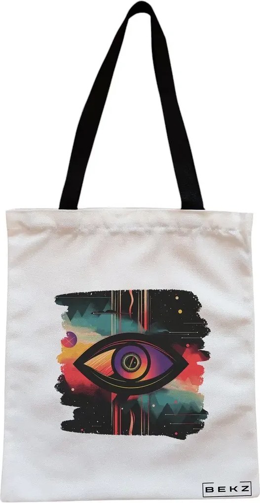 Sacosa de Panza pentru Cumparaturi, Geanta Tote, model Celestial Eye 13, Cu fermoar, 38x34.5 cm, Alba, BEKZ®