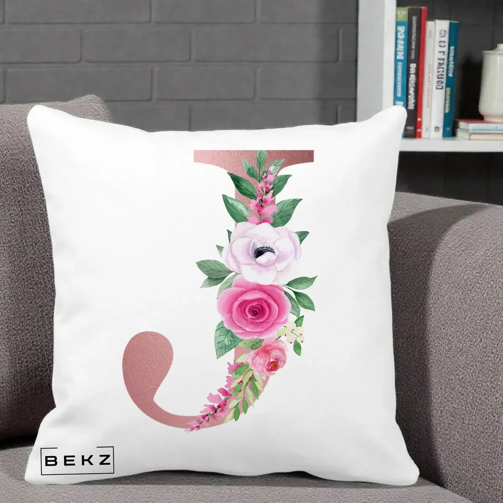 Cadou Personalizat - Perna Personalizata Monograma Rose Gold Litera J, 40x40 cm, Alba Mata, Husa Detasabila, Perna Inclusa, BEKZ®