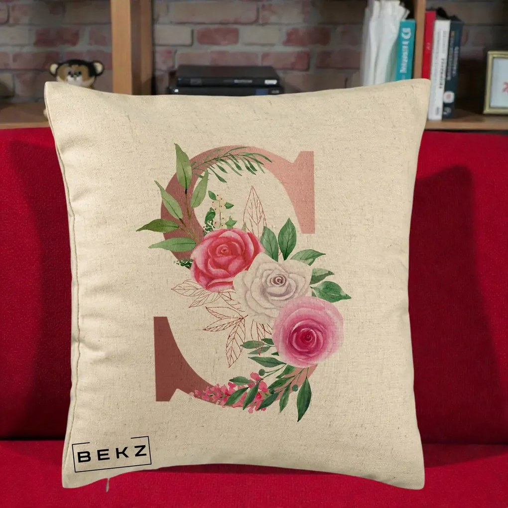 Cadou Personalizat - Perna Personalizata Monograma Rose Gold Litera S, 40x40 cm, Bej, Husa Detasabila, Perna Inclusa, BEKZ®