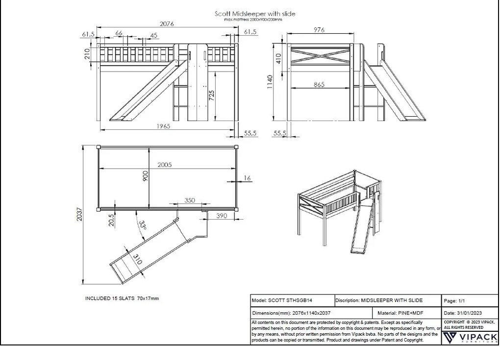 Set SCOTT este format din Pat copiiul loft cu tobogan, cortina de joacă ASTRO, tunel și 3 buzunare de depozitare.