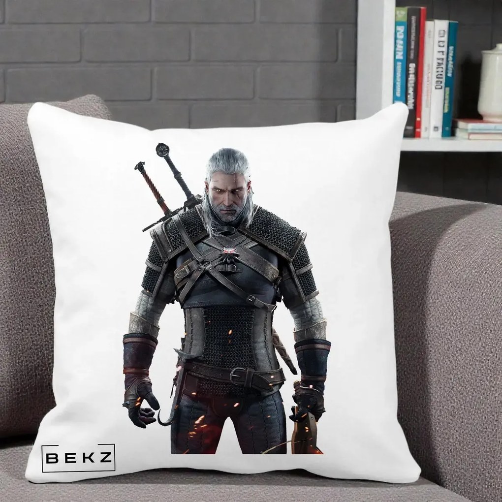 Perna Personalizata The Witcher Geralt of Rivia Portret, 40x40 cm, Alba Mata, Husa Detasabila, Perna Inclusa, BEKZ®