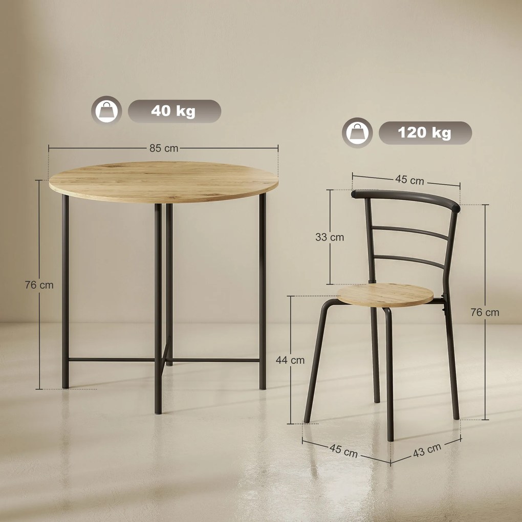 HOMCOM Set Masă Rotundă de Dining cu 4 Scaune Economisitor de Spațiu în Lemn și Metal Stil Industrial | Aosom Romania