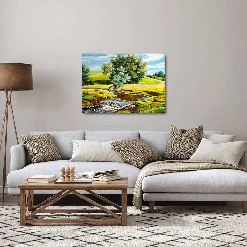 Tablou - Râu între câmpii, pictură în ulei (70x50 cm)