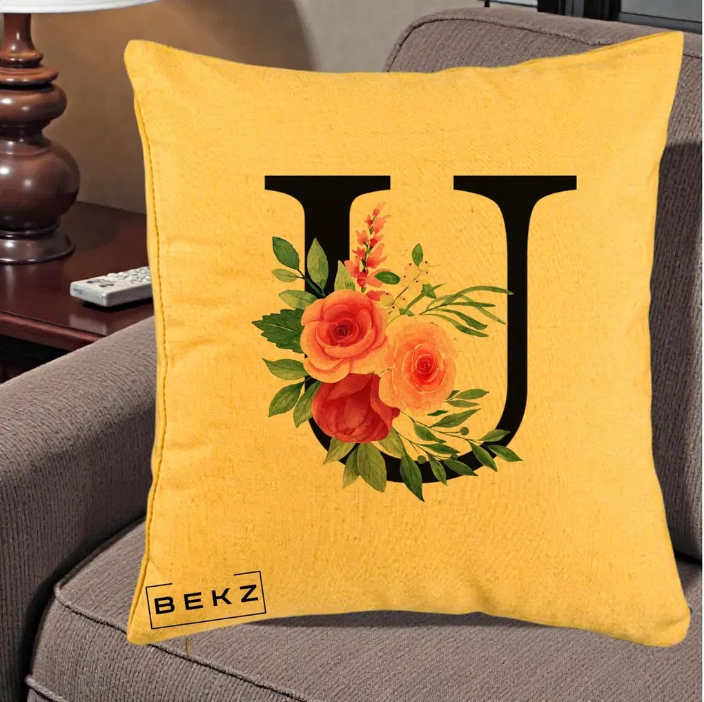 Cadou Personalizat - Perna Personalizata Monograma Florala Litera U, 40x40 cm, Galben, Husa Detasabila, Perna Inclusa, BEKZ®