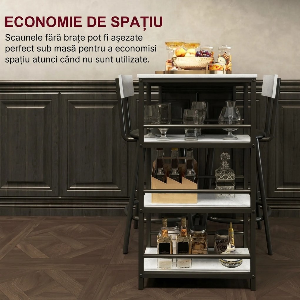 HOMCOM Set Masă de Bar cu 3 Rafturi și 2 Scaune cu Spătar, 90x50x90.5 cm, Gri Deschis | Aosom Romania