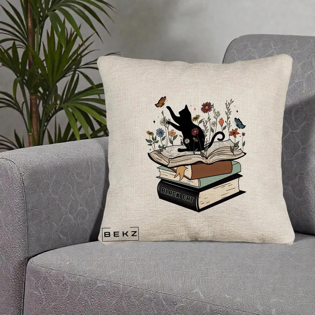 Perna Personalizata Pisica Neagra Carti Flori Fluturi, 40x40 cm, Bej Canapea, Husa Detasabila, Perna Inclusa, BEKZ®