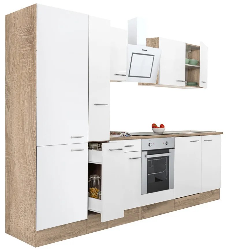 Mobilă de bucătărie Yorki 300, corp din stejar sonoma, față alb satinat, element inferior cuptor, dulap cu raft