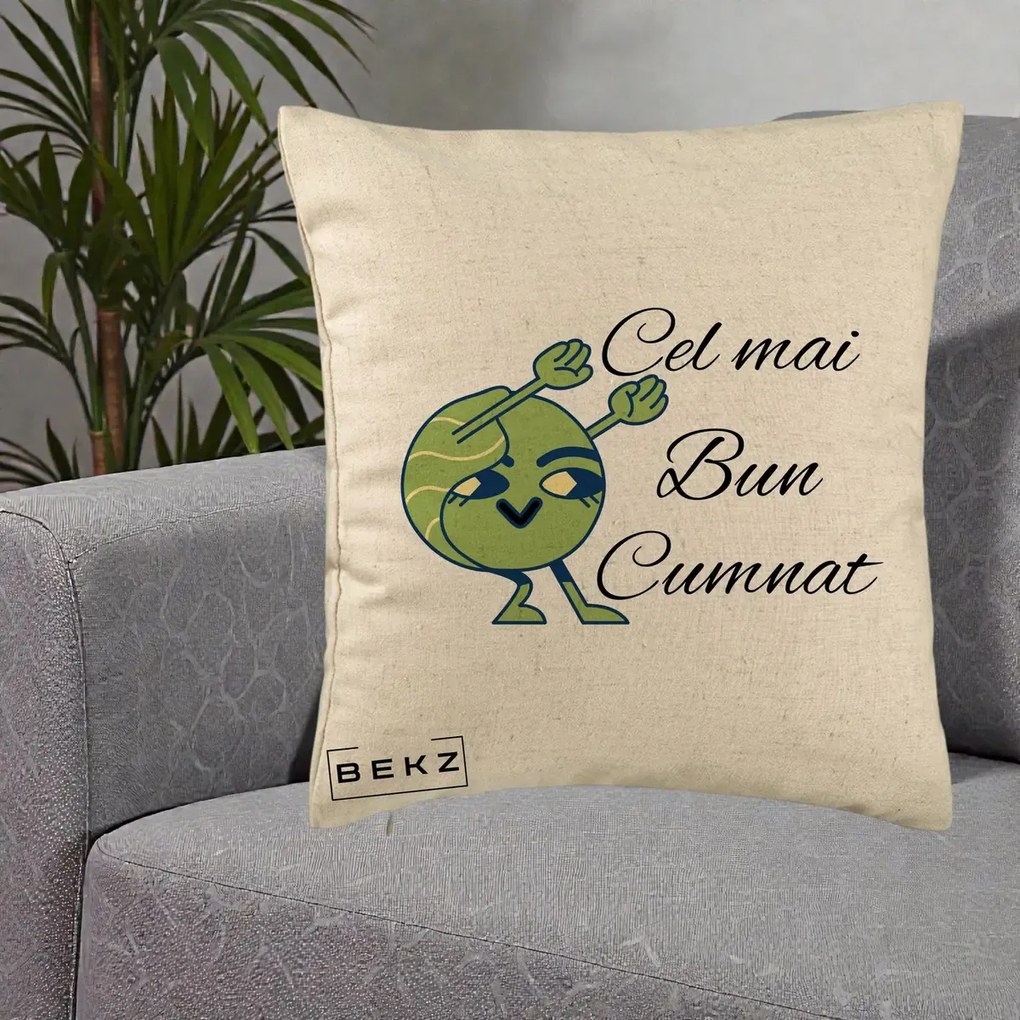 Cadou pentru Cumnat - Perna Personalizata Cel mai Bun Cumnat cu Personaj Funny Verde, 40x40 cm, Bej, Husa Detasabila, Perna Inclusa, BEKZ®