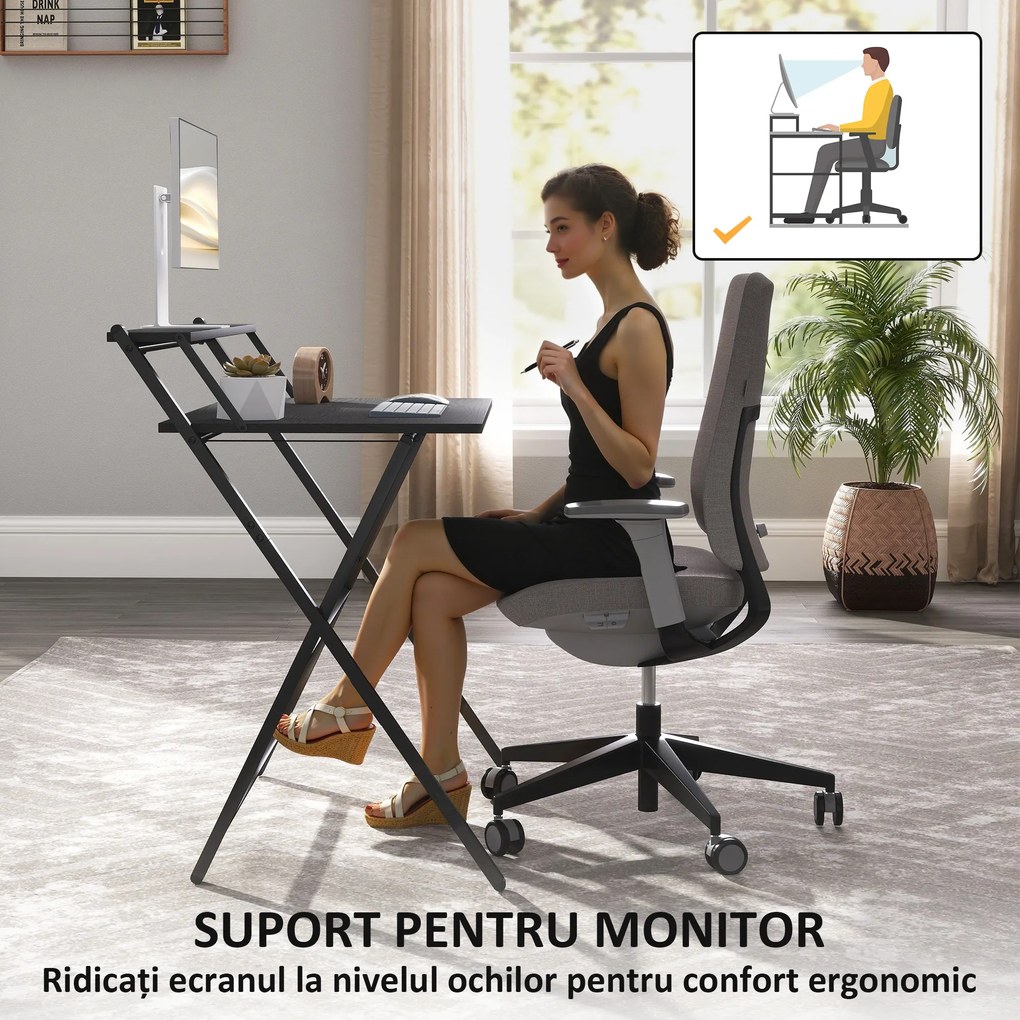 Birou pliant HOMCOM compact, negru, ușor de asamblat | Aosom Romania