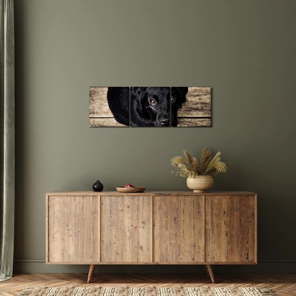 Tablou cu cățeluș negru (cu ceas) (90x30 cm)