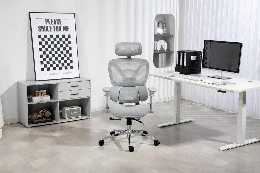 RESIGILAT- METACHAIR DORO Scaun ergonomic, cotiere 6D, suport lombar dinamic, spătar reglabil înălțime, tetieră 2D, mecanism multifunctional inclinare/blocare, pivotant, Mesh, Gri