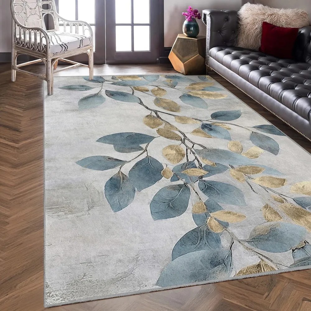 Covor albastru deschis/auriu lavabil 160x230 cm Golden Leaves – Mila Home