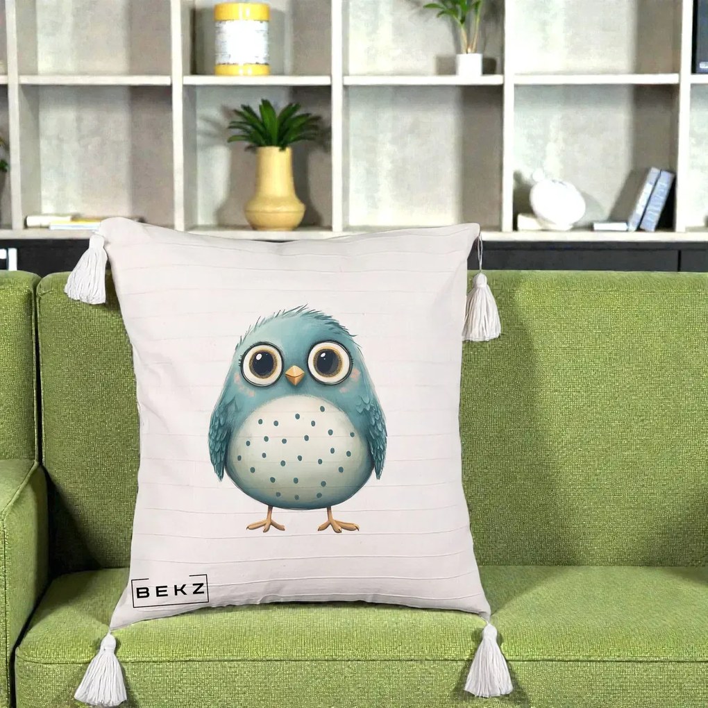 Perna Decorativa Pasare Teal cu Buline Teal, 40x40 cm, Bej cu Franjuri, Husa Detasabila, Perna Inclusa, BEKZ®