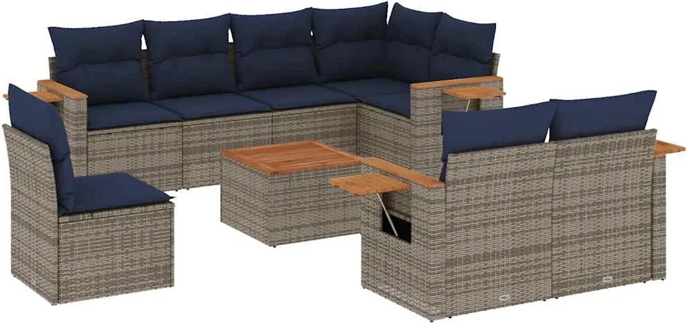 vidaXL Set canapele de grădină, 9 piese, cu perne, gri, poliratan