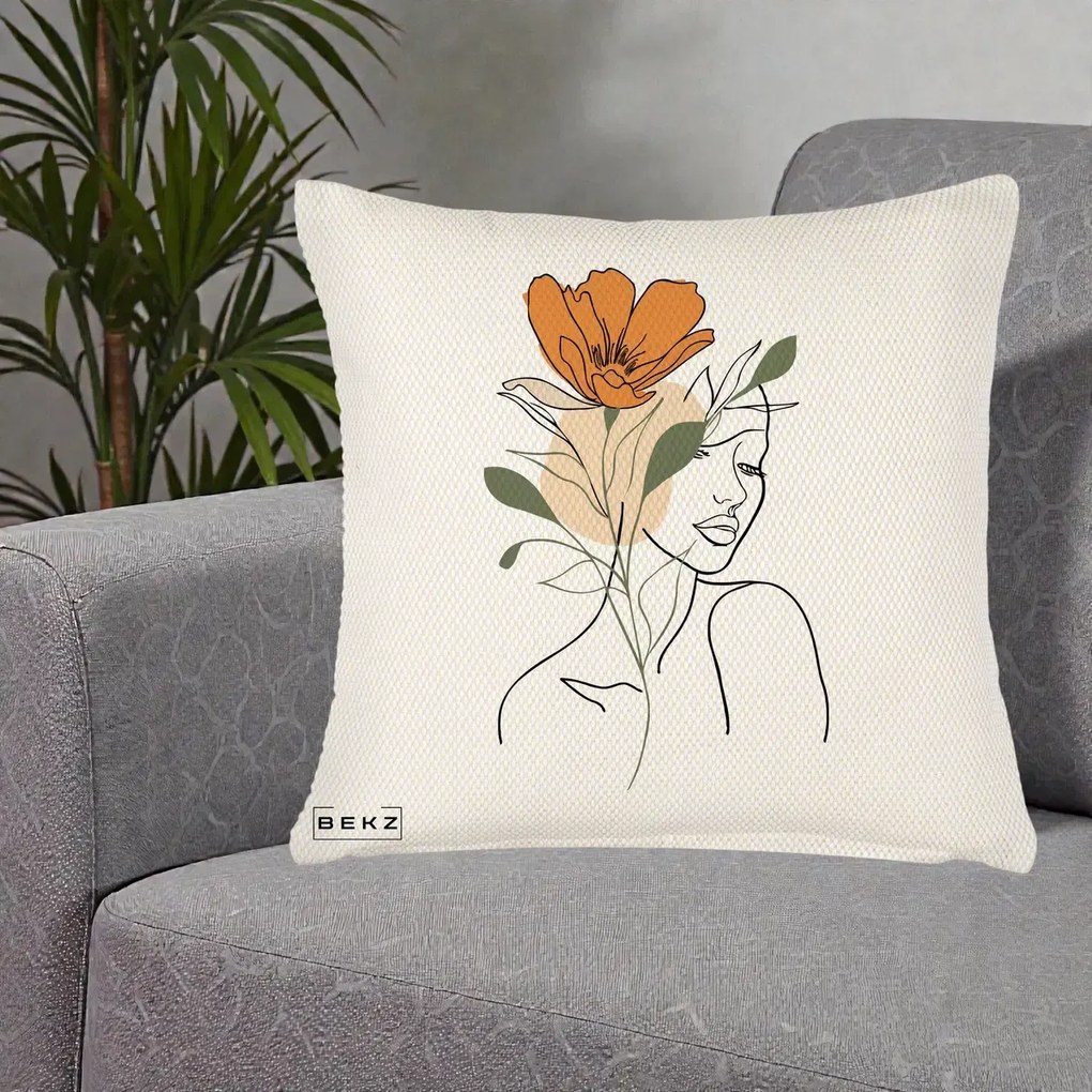 Perna Decorativa Portret Feminin Floare Portocalie, 40x40 cm, Crem Reliefat, Husa Detasabila, Perna Inclusa, BEKZ®