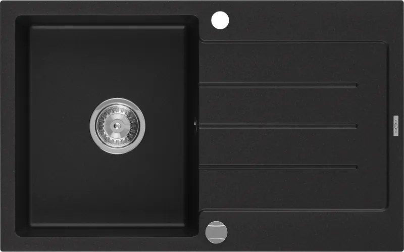 Mexen Bruno chiuvetă de granit cu o cuvă și scurgător 795 x 495 mm, negru, sifon cromat - 6513791010-77