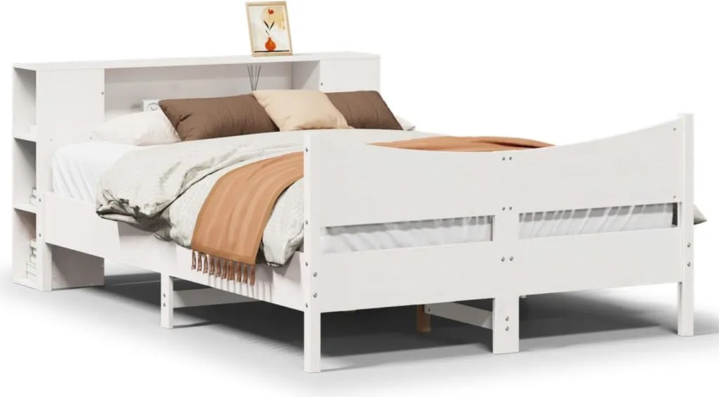 vidaXL Cadru de pat fără saltea, alb, 135x190 cm, lemn masiv de pin