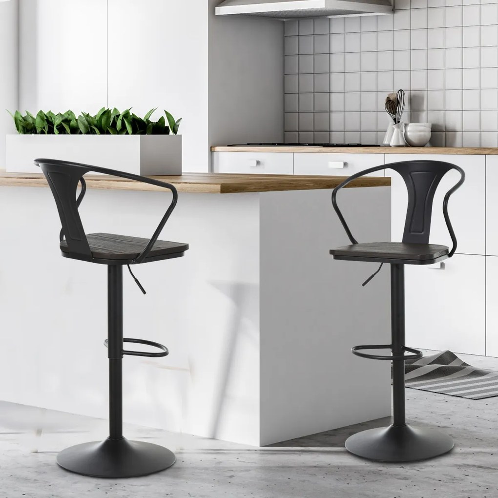 HOMCOM Set de 2 Scaune de Bar Moderne Scaun Pivotant Spatar Reglabil pe Inaltime din Lemn Metal 5 Roti Pivotante Robuste Negru