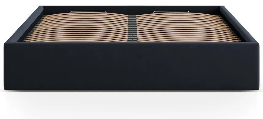 Pat matrimonial albastru închis tapițat cu spațiu de depozitare/fără tăblie cu somieră 200x200 cm Susan – Micadoni